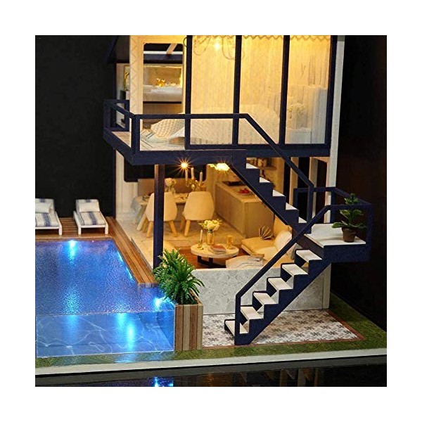 FZ FUTURE Kit Miniature DIY Dollhouse, Kit de poupée Miniature DIY, Maison Verte avec mobilier et LED, kit de poupée en Bois,