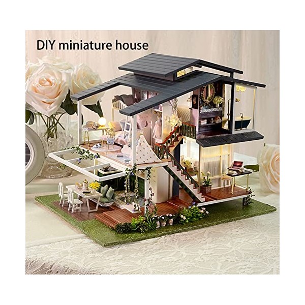 Maison de poupée Miniature avec kit de Meubles Maison de poupée Bricolage avec Housse Anti-poussière Creative Miniature Room 