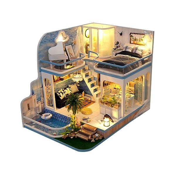 BIOSA Chambre Miniature en Bois DIY avec Cache-Poussière/Lumière/Accessoires Kit de Maison de Poupée Miniature Kit de Mini Ma