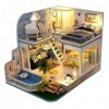 BIOSA Chambre Miniature en Bois DIY avec Cache-Poussière/Lumière/Accessoires Kit de Maison de Poupée Miniature Kit de Mini Ma