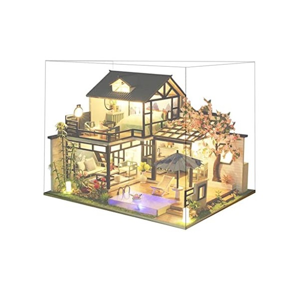 predolo Maison de Poupée Miniature avec Kit Daccessoires de Meubles Créatif avec Lumière LED et Housse Anti-poussière pour F