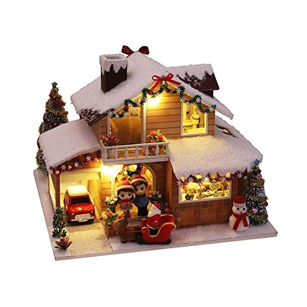 N-X poupée miniature Noël avec meuble, DIY Assemblée à la main poupée en bois Kit modélisme Maison miniature avec poussière e