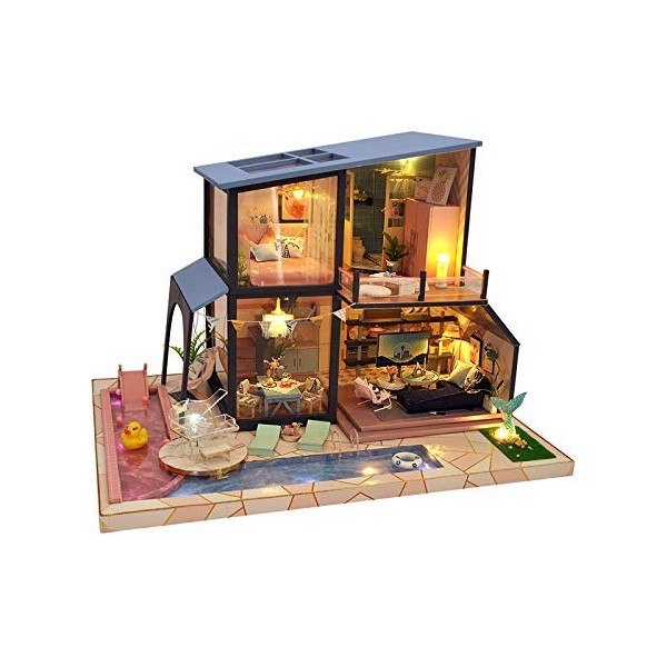 luckiner Mini maison en bois 3D avec housse de protection contre la poussière, kit de bricolage pour chambre de poupée avec L