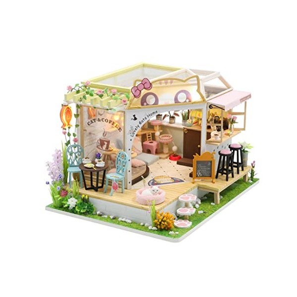 BESSTUUP Kit de maison de poupée miniature en bois avec meubles et café pour chat, meilleur cadeau pour adultes et adolescent