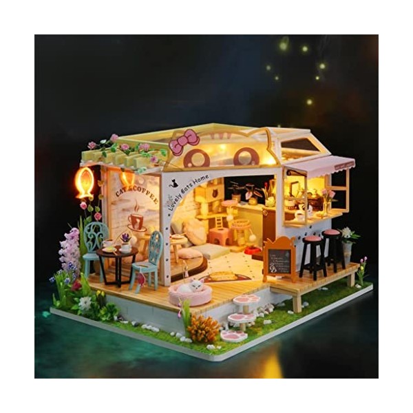 BESSTUUP Kit de maison de poupée miniature en bois avec meubles et café pour chat, meilleur cadeau pour adultes et adolescent