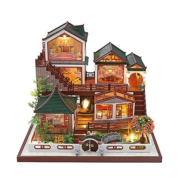 Mini Maison de poupée Set DIY Maison de poupée en Bois Artisanat Mini modèle de Cour Chinoise avec LED Anniversaire Halloween