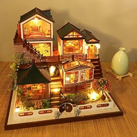 Mini Maison de poupée Set DIY Maison de poupée en Bois Artisanat Mini modèle de Cour Chinoise avec LED Anniversaire Halloween