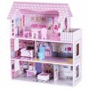 DREAMADE Maison de Poupée Enfants en Bois 62x27x70CM, Jeu d’Imitation avec 8 Meubles et Accessoires de la Dînette, Maison de 