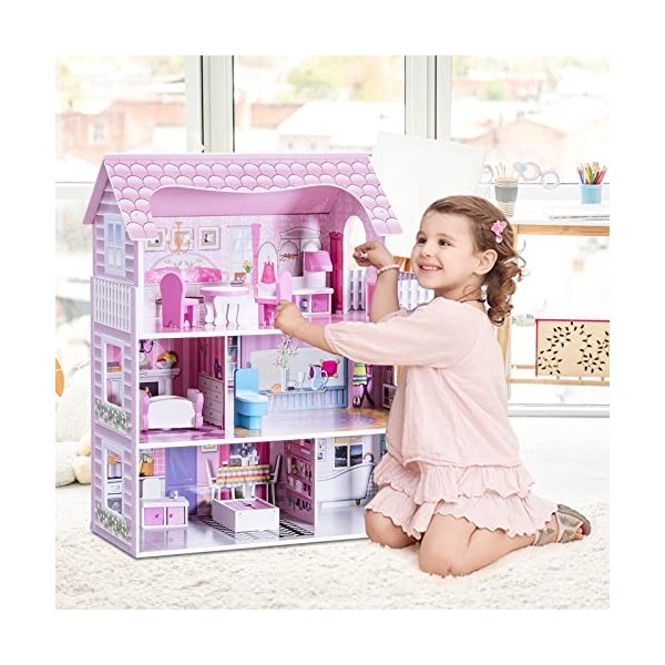 DREAMADE Maison de Poupée Enfants en Bois 62x27x70CM, Jeu d’Imitation avec 8 Meubles et Accessoires de la Dînette, Maison de 