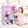 DREAMADE Maison de Poupée Enfants en Bois 62x27x70CM, Jeu d’Imitation avec 8 Meubles et Accessoires de la Dînette, Maison de 