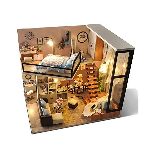 QLLL Maison Miniature a Construire avec Meubles et Accessoires de Maison de Poupée - Maison de Poupée avec Boîte à Musique et