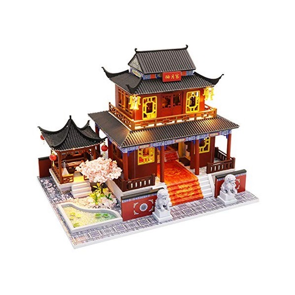 DIY Maison De PoupéEs Miniature en Bois,BâTiment De Style Chinois 3D Fabriqué Kit Collection Dollhouse avec Housse De Protect