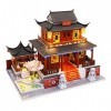 DIY Maison De PoupéEs Miniature en Bois,BâTiment De Style Chinois 3D Fabriqué Kit Collection Dollhouse avec Housse De Protect