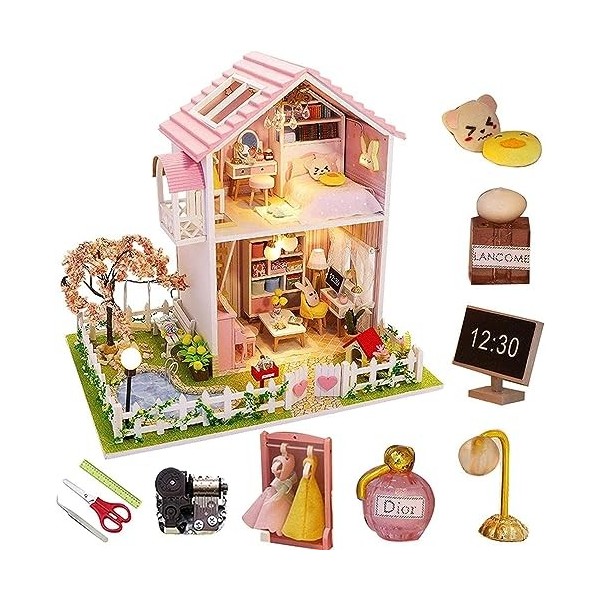 Kit de Maison De Poupée Bricolage, Kit de maison de poupée miniature à faire soi-même, modèle en bois, grande villa avec meub