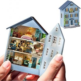 Kit de meubles en bois miniatures pour maison de poupée, mini maison de poupée faite à la main avec LED, jouets créatifs en b