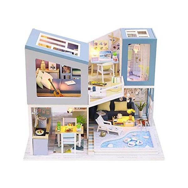 Kit de Construction de Maison Miniature Bleu Loft Villa Dollhouse avec lumières LED Meubles en Bois Jouets créatifs journée d