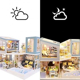 Kit de Construction de Maison Miniature Bleu Loft Villa Dollhouse avec lumières LED Meubles en Bois Jouets créatifs journée d