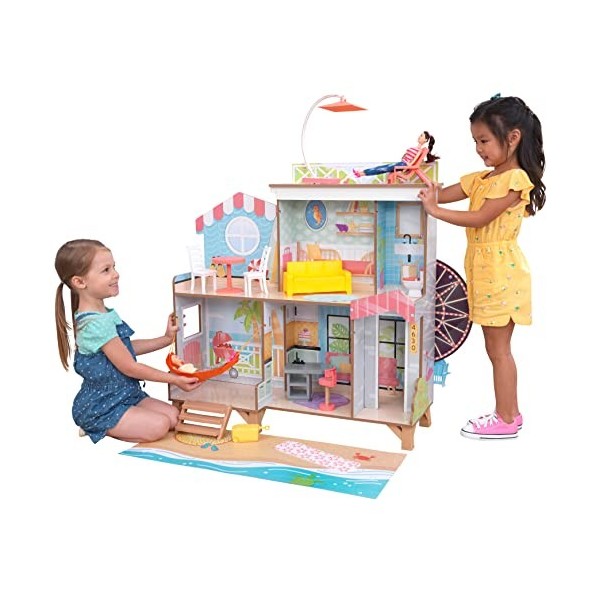 KidKraft Grande Roue Maison de Poupée en Bois incluant Accessoires et Mobilier, 3 étages de Jeu avec Hamac et Chaise de Plage