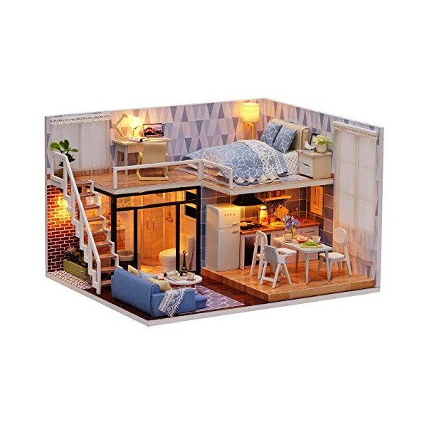 Ogrmar Maison de poupée Miniature en Bois avec Couvercle et LED Bleu Clair