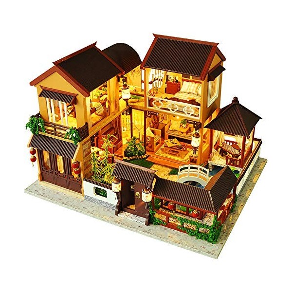 XLZSP DIY Maison de poupées chinoise Villa miniature Kit avec musique et anti-poussière Étang de lotus, étang, maison de poup