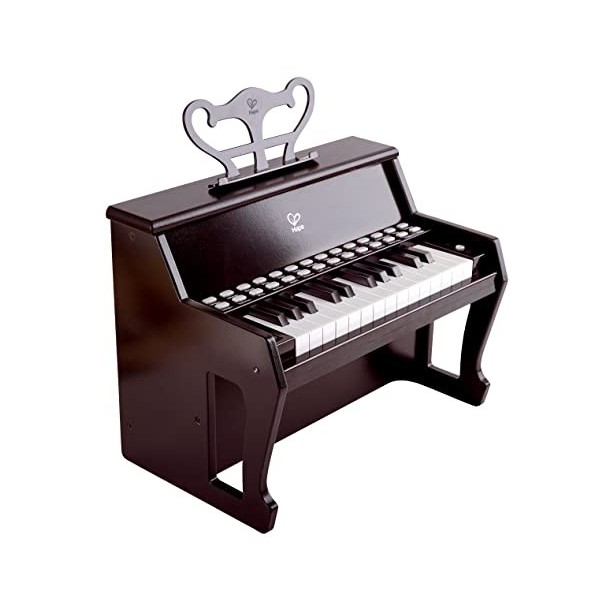 Hape Piano Droit Électronique Noir avec Apprentissage Interactif - Piano en Bois 25 Touches Lumineuses, Pupitre en Bois Inclu