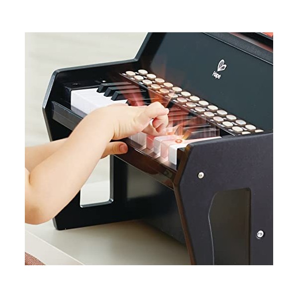 Hape Piano Droit Électronique Noir avec Apprentissage Interactif - Piano en Bois 25 Touches Lumineuses, Pupitre en Bois Inclu