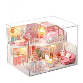 Kit Miniature de Maison de poupée Bricolage 3D avec Anti-poussière Appartement Loft Meubles de Maison de poupées Lumières LED