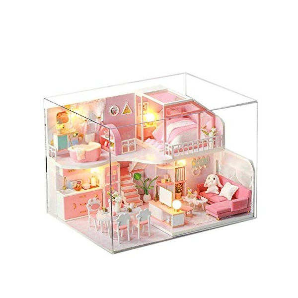 Kit Miniature de Maison de poupée Bricolage 3D avec Anti-poussière Appartement Loft Meubles de Maison de poupées Lumières LED