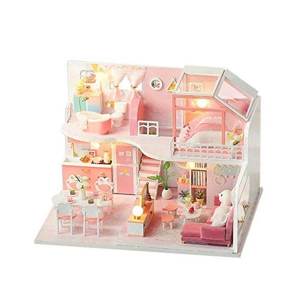 Kit Miniature de Maison de poupée Bricolage 3D avec Anti-poussière Appartement Loft Meubles de Maison de poupées Lumières LED