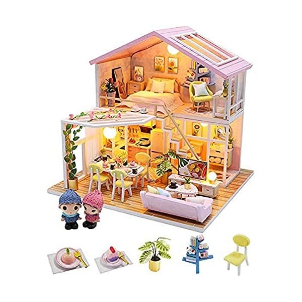 Maison de poupée Bricolage en Bois Kit de Maison de poupée dassemblage Miniature avec Meubles, idée de pièce créative à léc