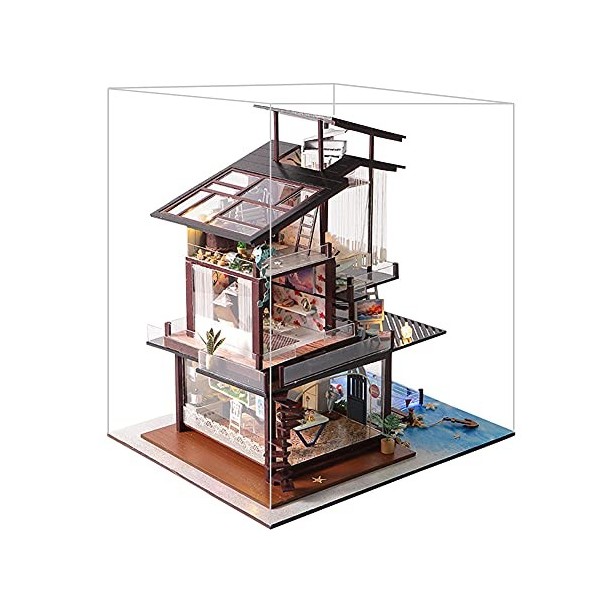 WonDerfulC Villa en bois 3D avec piscine Hamacs Skylights Maison de poupée Kit de montage Jouets pour Noël et Nouvel An Cadea