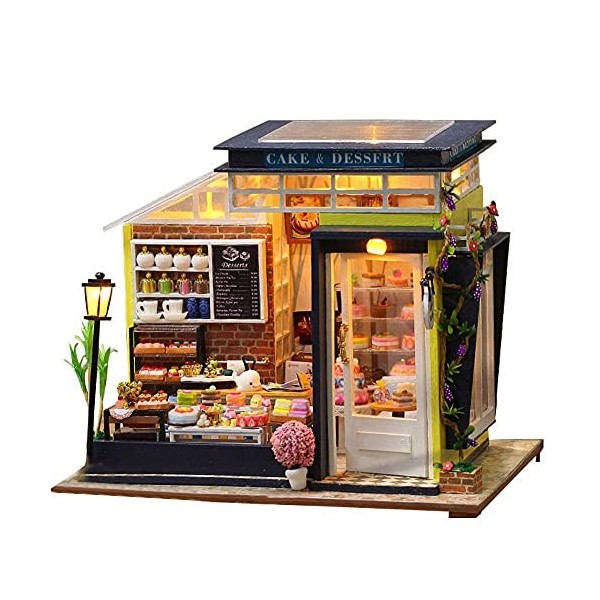 DIY Miniature Dollhouse Kit 3D Street Cake Shop Modèle en Bois Magasin De Bonbons Assemblé À La Main Maison De Poupées Créati