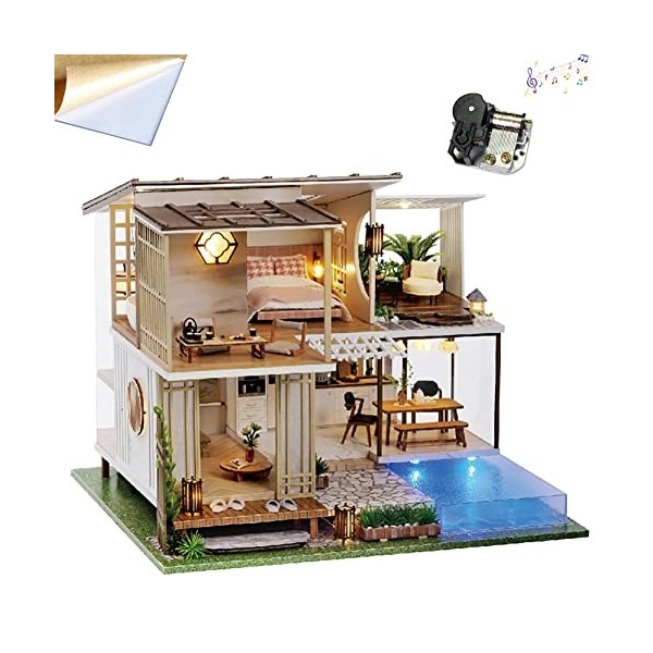 Maison de poupée miniature en bois de style chinois - Villa à 2 étages avec piscine de jardin - Échelle 1:24 - Maison de joue