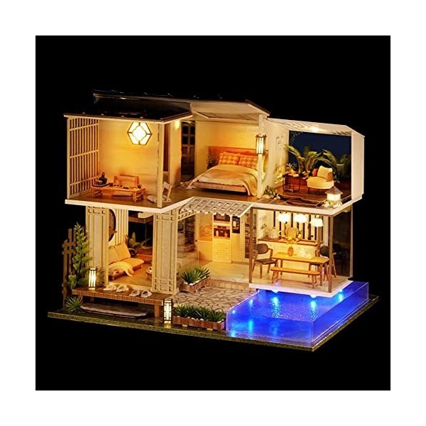 Maison de poupée miniature en bois de style chinois - Villa à 2 étages avec piscine de jardin - Échelle 1:24 - Maison de joue