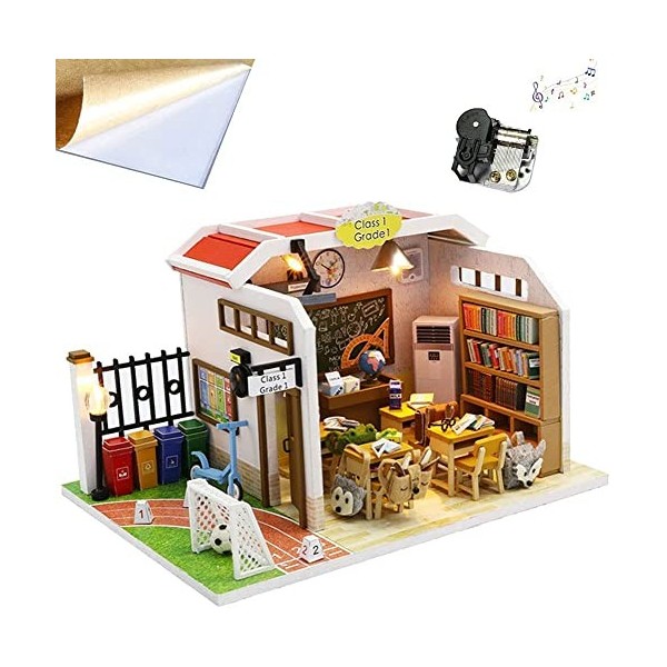 AKAZI Assemblage de modèle de Salle de Classe 3D Puzzle House DIY Mini Maison de poupée en Bois Miniature LED Light Music Puz