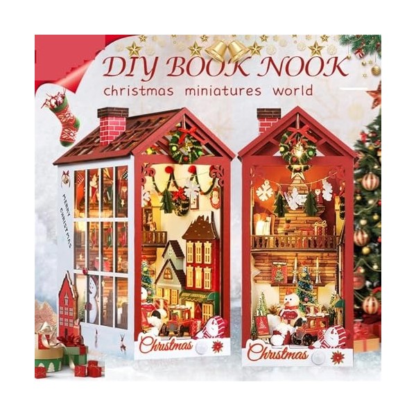 Book Nook Kits Kit de Maison de poupée de noël, Coin de Livre à Faire soi-même, Puzzle 3D en Bois, Couverture Anti-poussière,