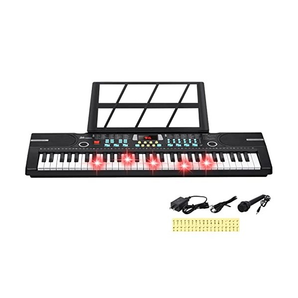 24HOCL Clavier de piano électrique à 61 touches éclairées, musical numérique, 200 rythmes, écran LCD pour enfants débutants