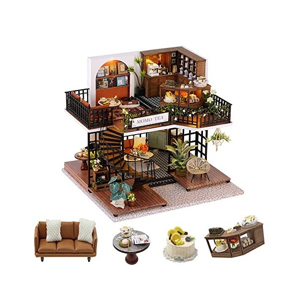 Flever Maison de poupée miniature DIY Kit de maison créative avec meubles pour œuvre dart romantique Cadeau Forest Teashop 