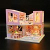 DIY Dollhouse Miniature Kit avec Étanche À La Poussière Et Boîte À Musique Rose Piscine Villa en Bois Poupées Maison Meubles 