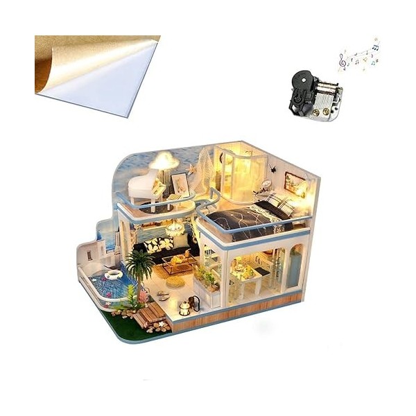 AKAZI Kit de Maison de poupée Bricolage, modèle de Maison en Bois, kit en Bois 3D avec Meubles, Mini Maison de poupée Anniver