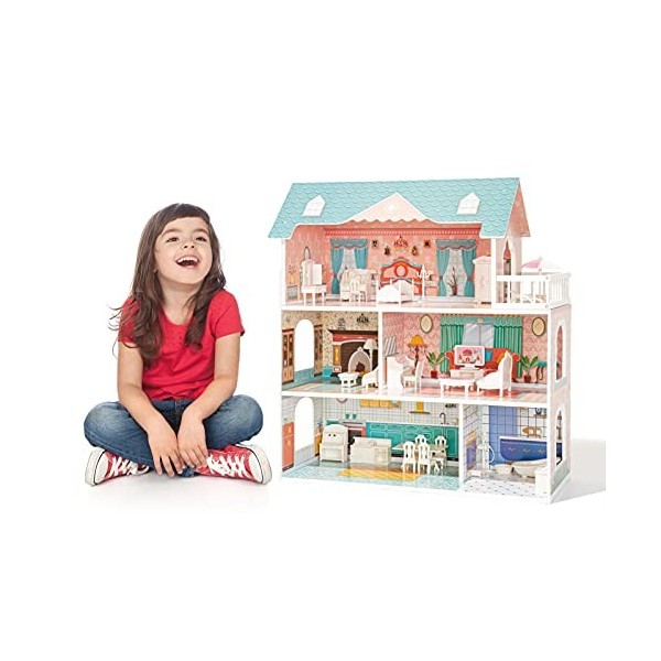 Maison de poupée en bois avec meubles et accessoires, maison de jouet de rêve, maison de poupée à partir de 3 ans