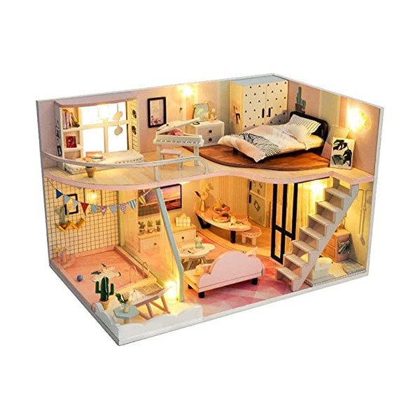 AKAZI Kit de Meubles Miniatures en Bois avec Couvercle Anti-poussière Kit de Maison de poupée Bricolage avec LED Outils de Br