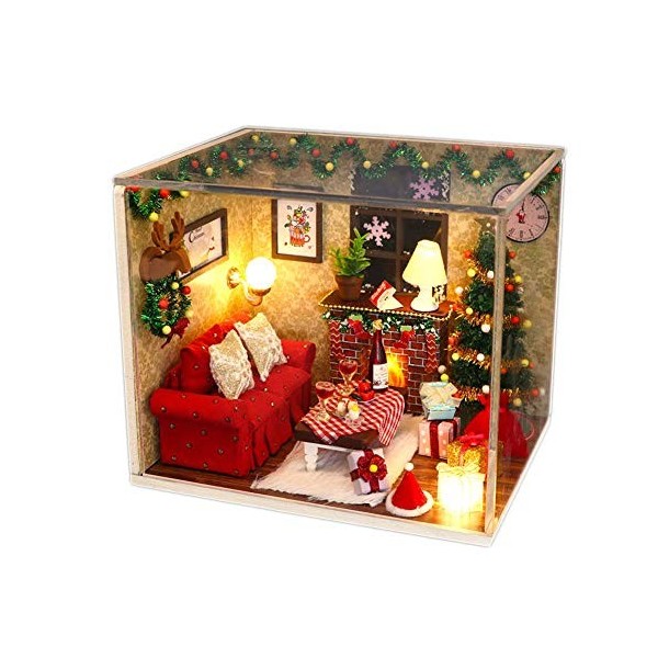 Bricolage Fait À La Main Mini Maison De Poupée avec des Meubles en Bois Maison Miniature De Réveillon De Noël avec Lumières L