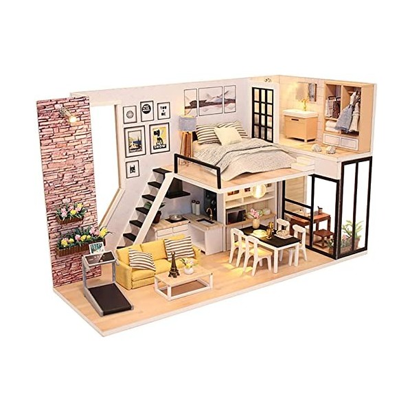 AKAZI Kit de Meubles de Maison de poupée Miniature Bricolage Chambre de poupée Lumineuse Maison modèle Kits dartisanat avec 