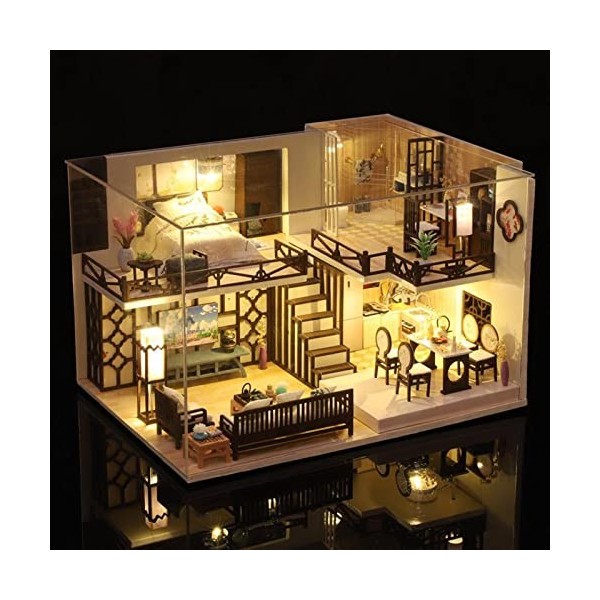 Maison de poupée Miniature avec Meubles, kit de Maison de poupée Bricolage avec Couvercle Anti-poussière et lumière Blanche C