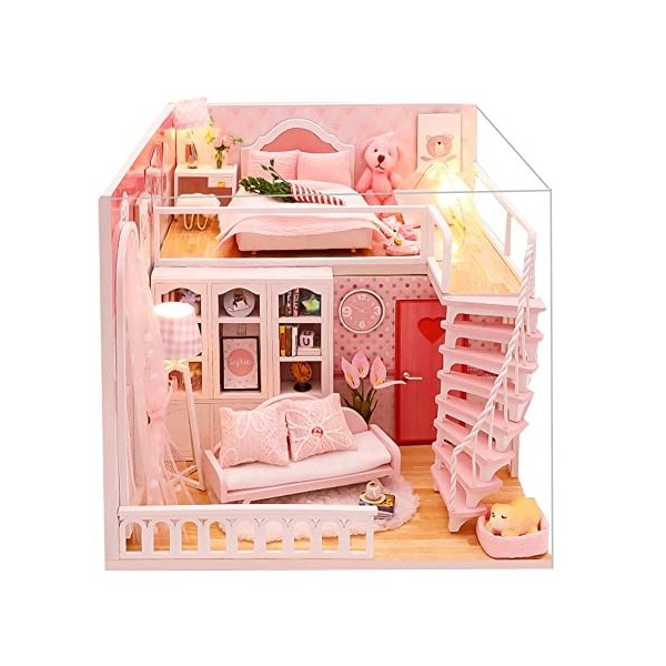 Kit de Maison de poupée Miniature à Monter soi-même avec Housse Anti-poussière Modèle en Bois Puzzle Artisanat Jouets Accesso