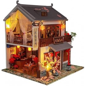 AKAZI Style Chinois Bricolage Cottage Inn assemblé à la Main Villa modèle 3D en Bois Miniature Maison de poupée Kit de Meuble