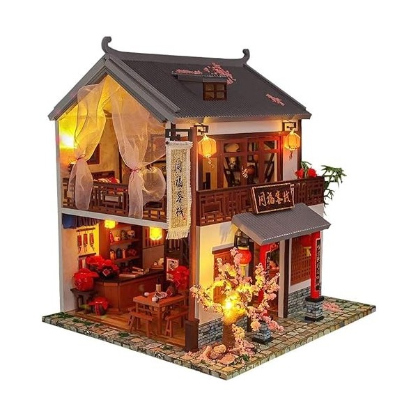 AKAZI Style Chinois Bricolage Cottage Inn assemblé à la Main Villa modèle 3D en Bois Miniature Maison de poupée Kit de Meuble