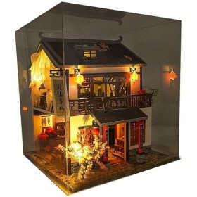 AKAZI Style Chinois Bricolage Cottage Inn assemblé à la Main Villa modèle 3D en Bois Miniature Maison de poupée Kit de Meuble