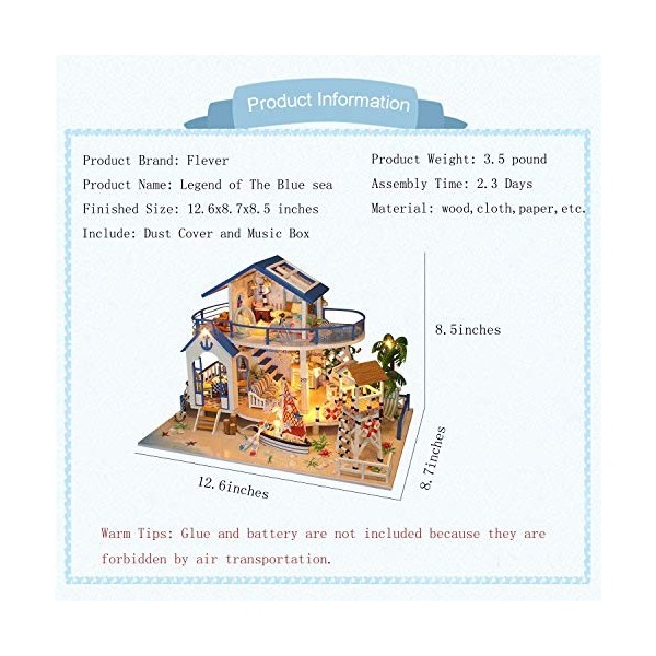 Flever Maison de poupée miniature DIY Kit de maison créative avec meubles pour art romantique Cadeau conte de mer bleue 